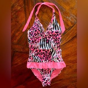 Justice size 12 cheetah zebra print pink swim - see description